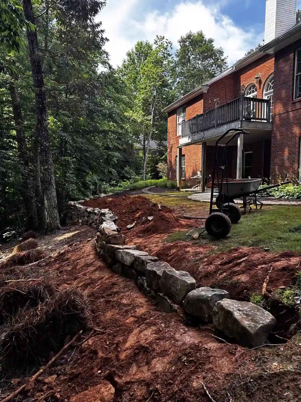 Stone retaining wall construction at a brick home in Canton, GA